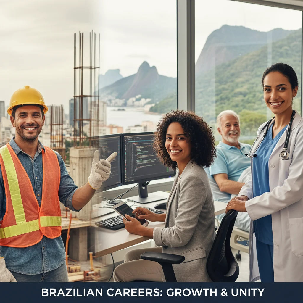 A photorealistic hero image depicting diverse adult professionals from various sectors in Brazil, such as a construction worker on a site, a tech developer at a desk, and a healthcare nurse in a hospital, symbolizing job roles and career opportunities across industries, with Brazilian landmarks in the background to evoke a sense of national employment landscape. No children are present in the image.