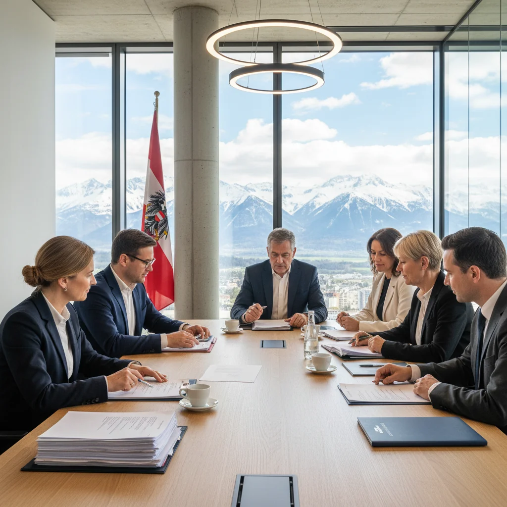 A photorealistic image of a diverse group of adults in a modern Austrian office, engaged in a professional meeting discussing job roles, with subtle Austrian elements like a flag in the background, symbolizing legal requirements for job descriptions in employment.