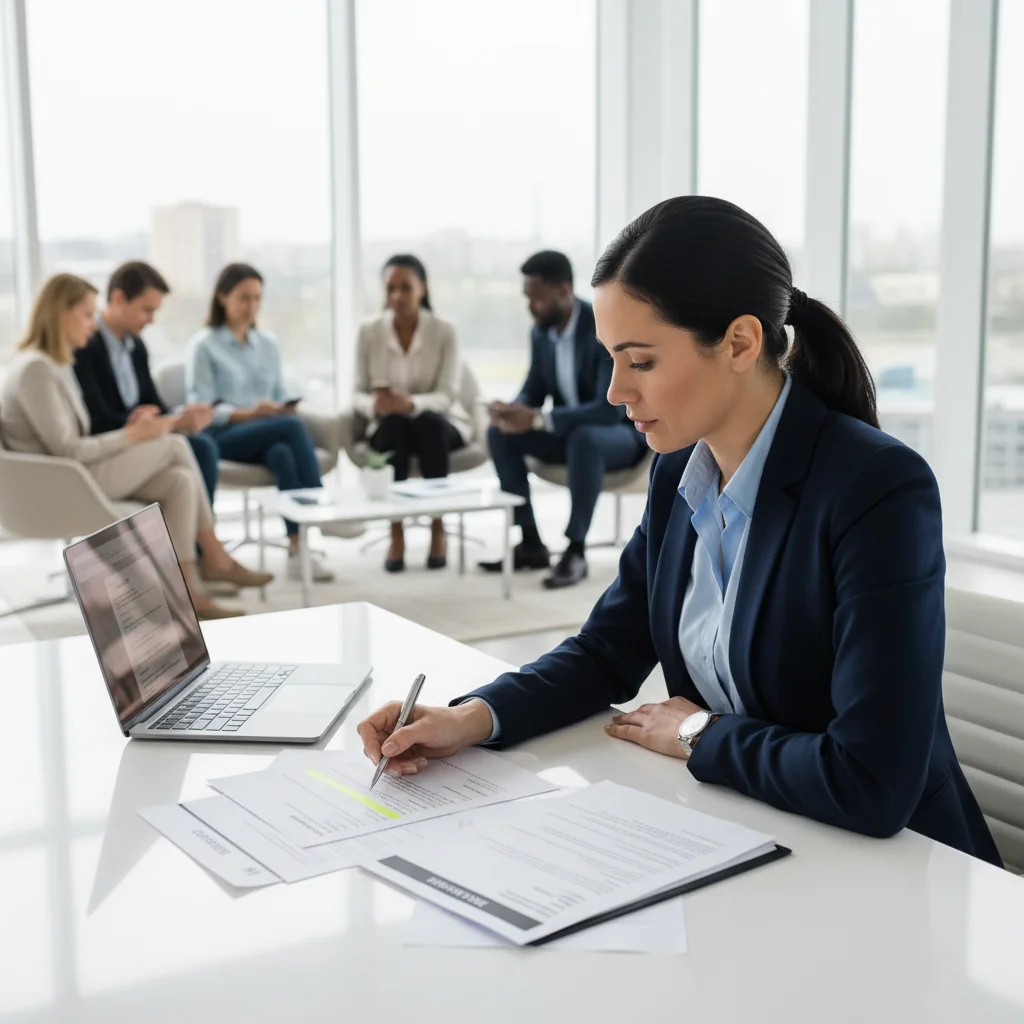 A photorealistic image depicting a professional HR manager in a modern office, carefully reviewing resumes and selecting the ideal candidate for a job position, symbolizing the process of choosing the right candidate based on job descriptions. The scene includes a diverse group of adult professionals in the background, representing potential hires, with no children present.