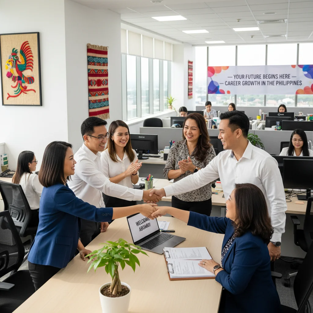 A photorealistic image of a diverse group of adult professionals in a modern Philippine office setting, shaking hands with a smiling employer, symbolizing successful job placements and employment opportunities for Philippine employers.