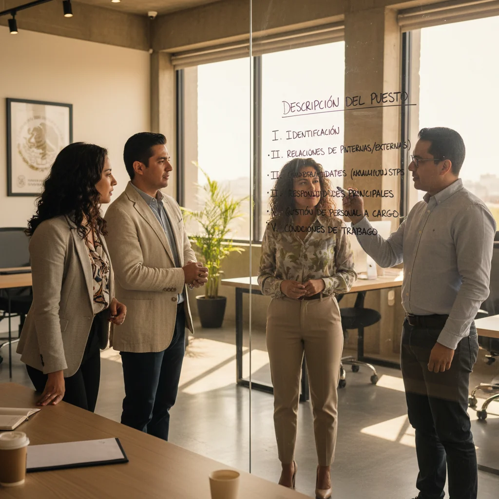 A photorealistic image depicting a diverse group of professional adults in a modern Mexican office environment, engaged in collaborative work such as reviewing job responsibilities on a whiteboard, symbolizing essential elements in job position descriptions under Mexican law. The scene conveys professionalism, compliance, and workplace harmony, with no children present.