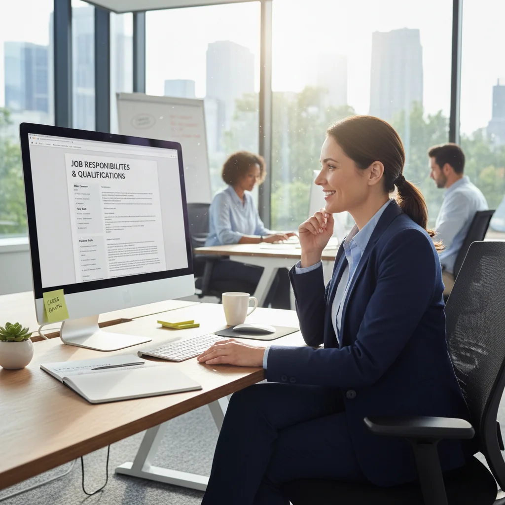 A photorealistic image of a diverse group of professional adults in a modern office environment, shaking hands with a manager to symbolize starting a new job, conveying the importance of understanding job details for career success. No children are present in the image.
