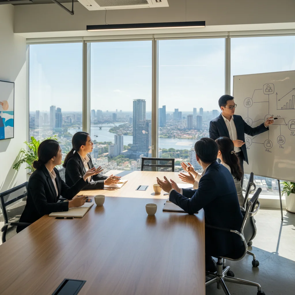 A photorealistic image of a professional business meeting in a modern Vietnamese office, where a diverse group of adult professionals are discussing job roles and responsibilities around a conference table, symbolizing the creation and understanding of job descriptions for Vietnamese enterprises. The scene conveys collaboration, professionalism, and career growth, with no children present.
