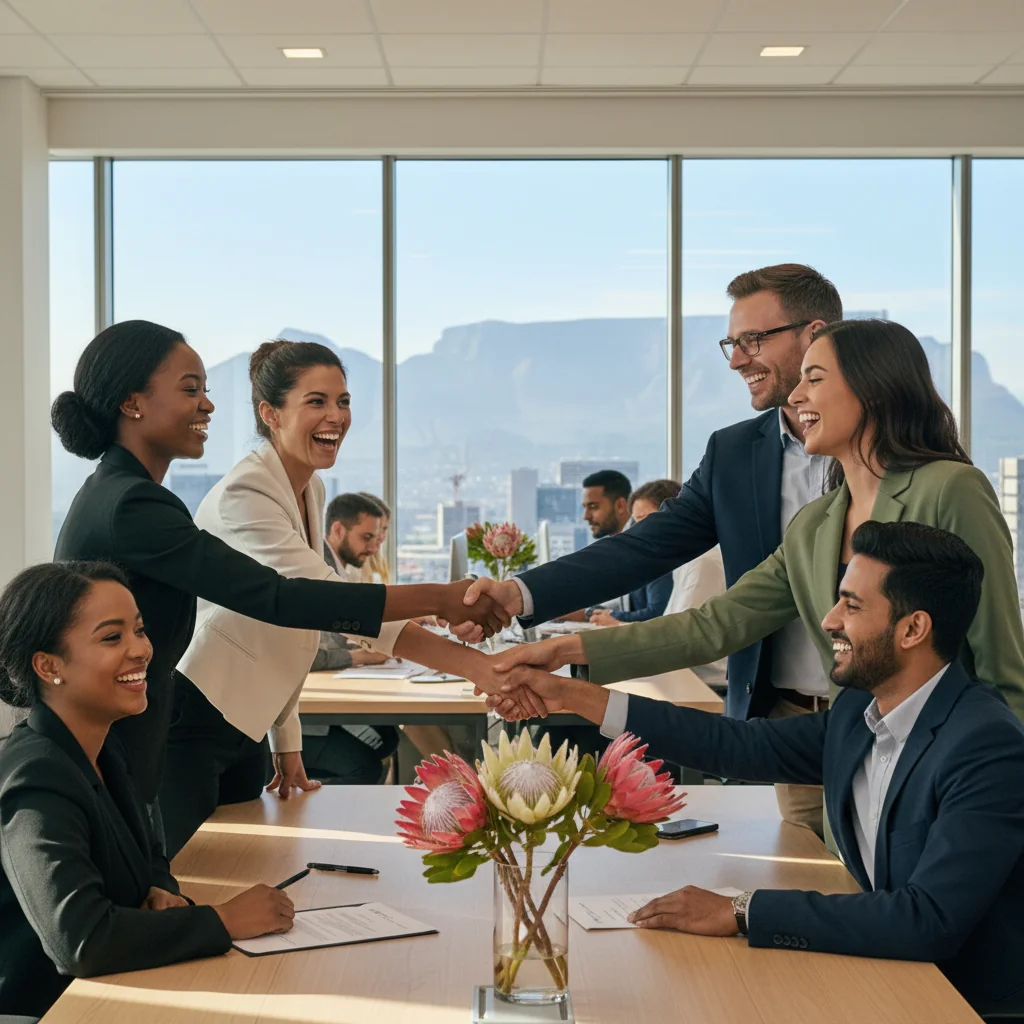 A photorealistic image depicting a diverse group of South African professionals in a modern office setting, symbolizing opportunity and employment. The scene includes adults from various ethnic backgrounds engaging in collaborative work, with elements like Johannesburg skyline in the background to represent South Africa. No children are present. The image is photorealistic, not a graphic or drawing.