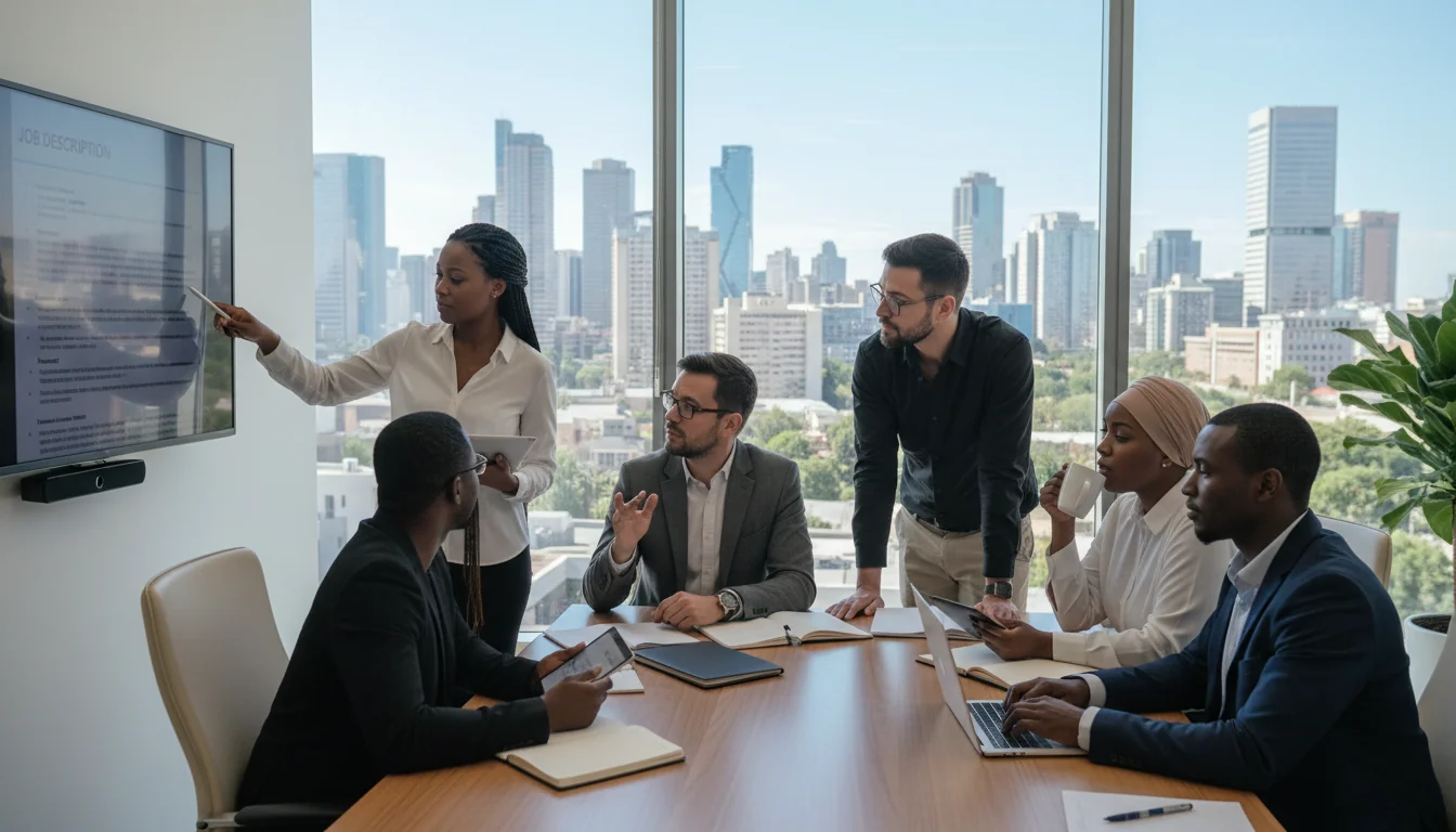Diverse team reviewing job posting.