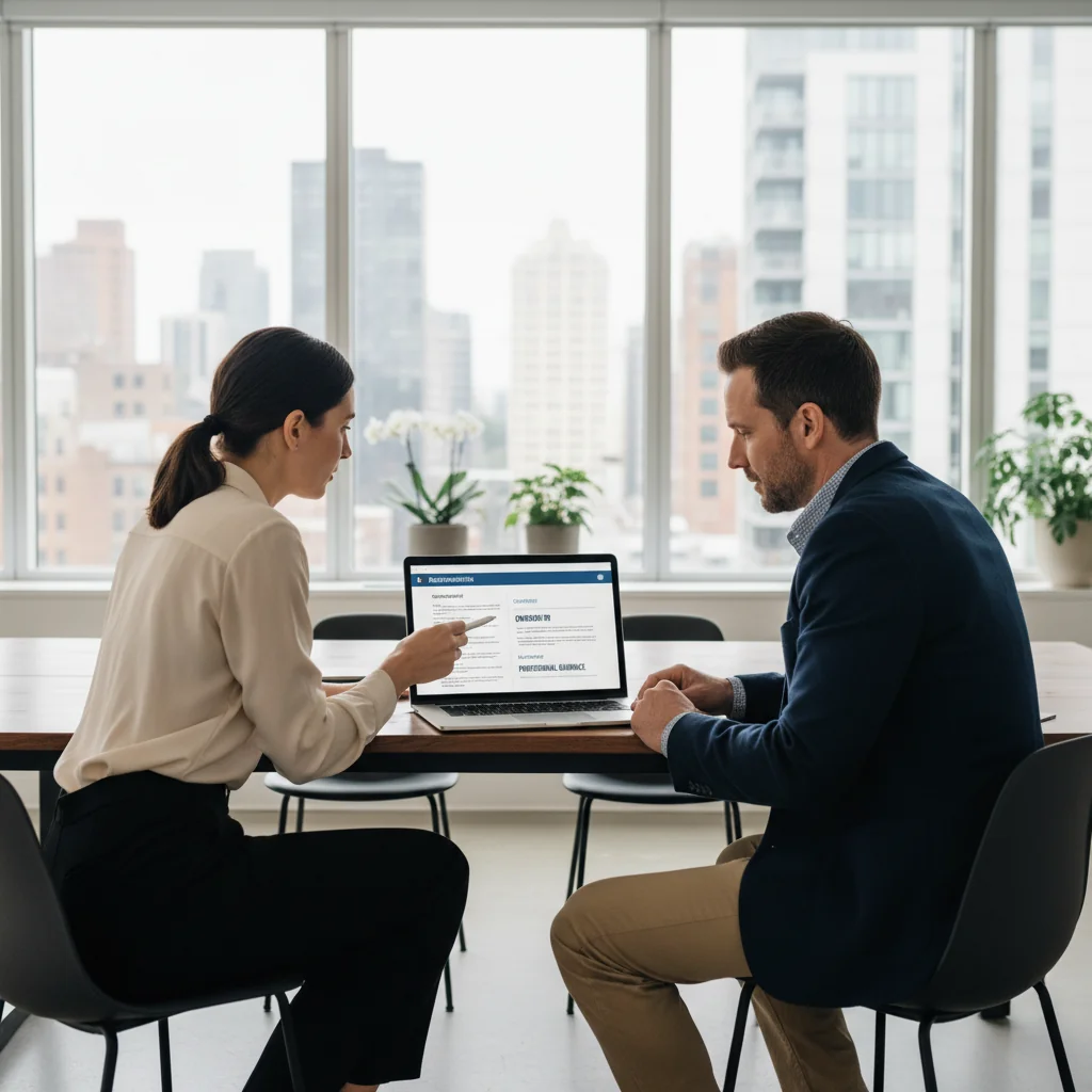 A photorealistic image of a professional adult employee in a modern office setting, reviewing a job description on a computer screen during a meeting with a manager, symbolizing the guidance and structure provided by a job position instruction document.