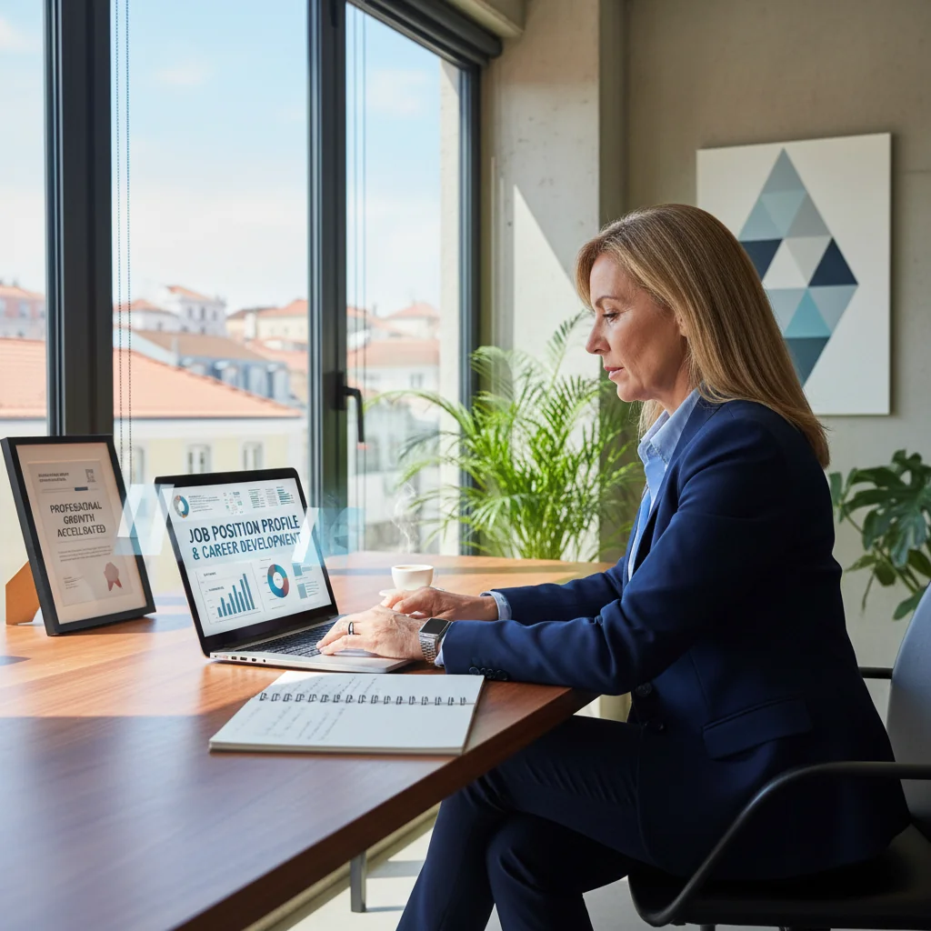 A photorealistic image depicting a professional adult employee in a modern Portuguese office setting, confidently reviewing work responsibilities on a computer screen, symbolizing the structured role definition in a job position description. The scene conveys importance, professionalism, and career growth without showing any documents or children.