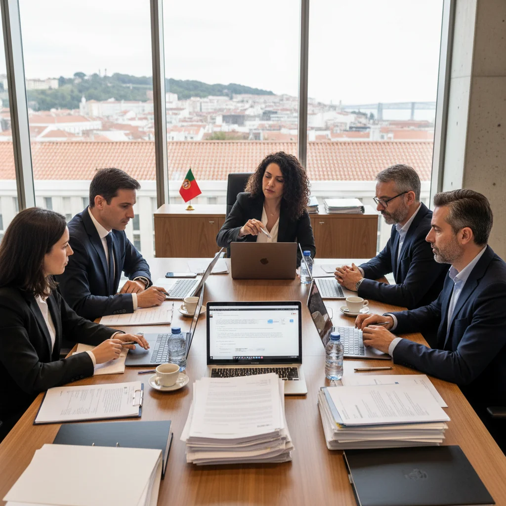 A photorealistic image of a professional Portuguese business meeting in a modern office, where a diverse group of adult employees, including a manager and team members, are discussing legal updates to employment documents over a conference table with laptops and papers, symbolizing compliance and workplace regulations for Portuguese companies. No children are present.