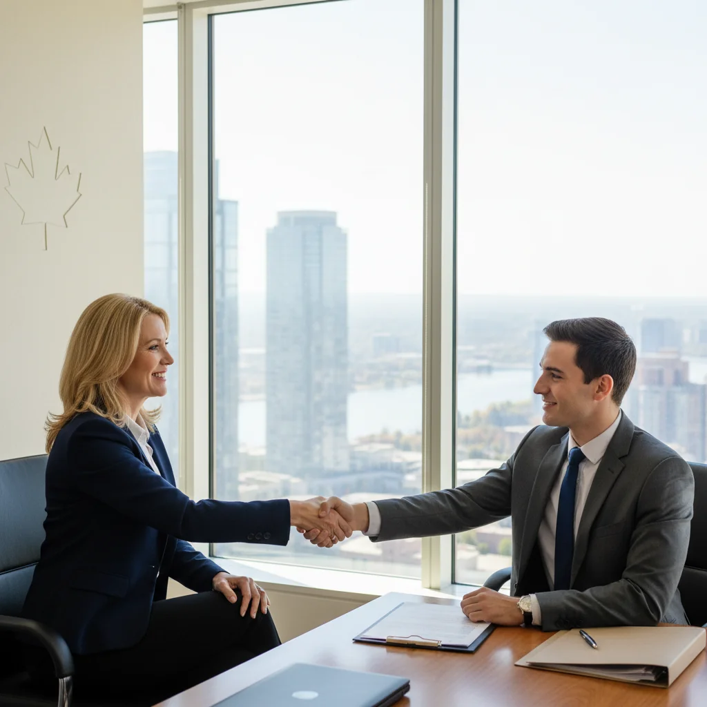 A photorealistic image depicting a professional job interview scene in a modern Canadian office, symbolizing legal requirements for job descriptions in employment processes. Show a diverse group of adults: a recruiter and a job applicant shaking hands across a desk, with subtle Canadian elements like a maple leaf on the wall. No children present. The focus is on equality, professionalism, and compliance in hiring.