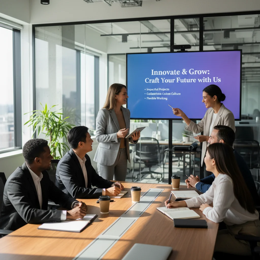 A photorealistic image of a diverse group of professionals in a modern UK office setting, engaged in a collaborative discussion around a table, symbolizing the excitement of new job opportunities and effective hiring through compelling job descriptions. The scene captures enthusiasm and professionalism without focusing on any documents.