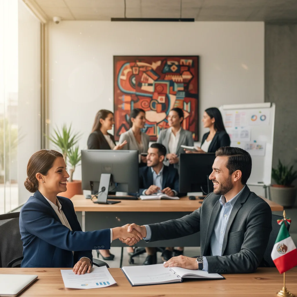 A photorealistic image depicting a professional recruitment scene in Mexico, showing a diverse group of adults in a modern office setting, with a recruiter conducting an interview with a job candidate, surrounded by subtle Mexican cultural elements like colorful decor, emphasizing effective hiring and job placement without any focus on documents.