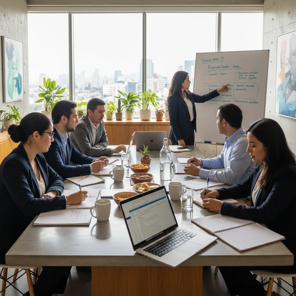 A photorealistic image of a diverse group of Mexican professionals in a modern office environment in Mexico City, engaged in a collaborative discussion about job roles and responsibilities, symbolizing the creation of job descriptions. The scene includes adults only, with no children present, capturing the essence of employment opportunities and workplace dynamics in Mexico.