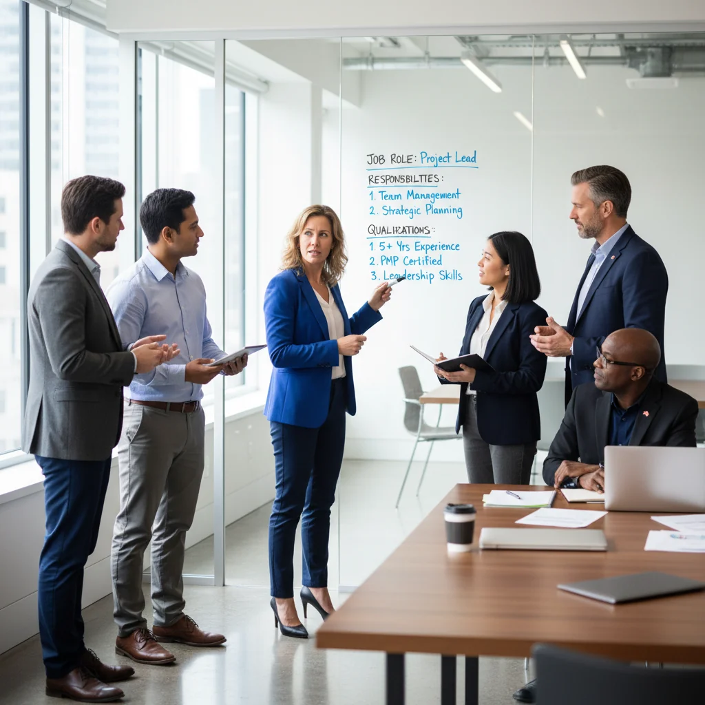 A photorealistic image depicting a diverse group of adults in a modern Canadian office environment, engaged in a professional discussion about job opportunities, symbolizing the effectiveness of clear job descriptions in attracting talent. The scene includes professionals shaking hands or reviewing opportunities on a whiteboard, with subtle Canadian elements like a maple leaf in the background, conveying positivity and career growth.