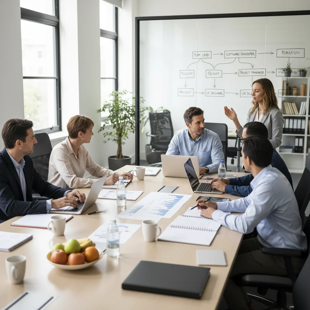 A photorealistic image depicting a professional office setting where a diverse group of adult employees are collaborating on job roles and responsibilities, symbolizing the creation of effective work position profiles. The scene shows adults in business attire discussing around a table with laptops and notes, emphasizing workplace efficiency and organization, with no children present.