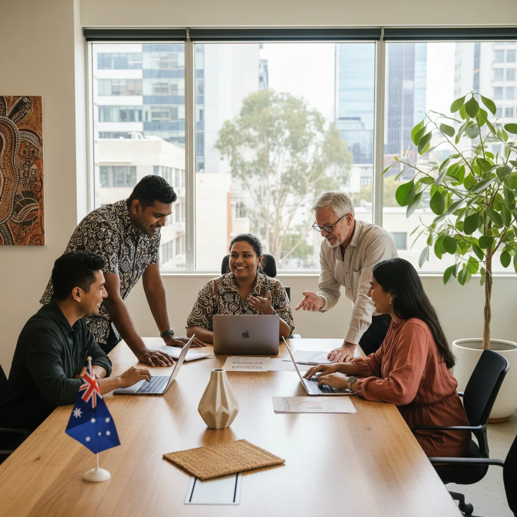 A photorealistic image of a diverse group of professionals in an Australian office setting, symbolizing inclusion in the workplace. The group includes people of different genders, ethnicities, ages (all adults), and abilities, engaged in a collaborative discussion around a table, with subtle Australian elements like a Sydney skyline view in the background. No children are present. The image conveys welcoming and equitable employment opportunities.
