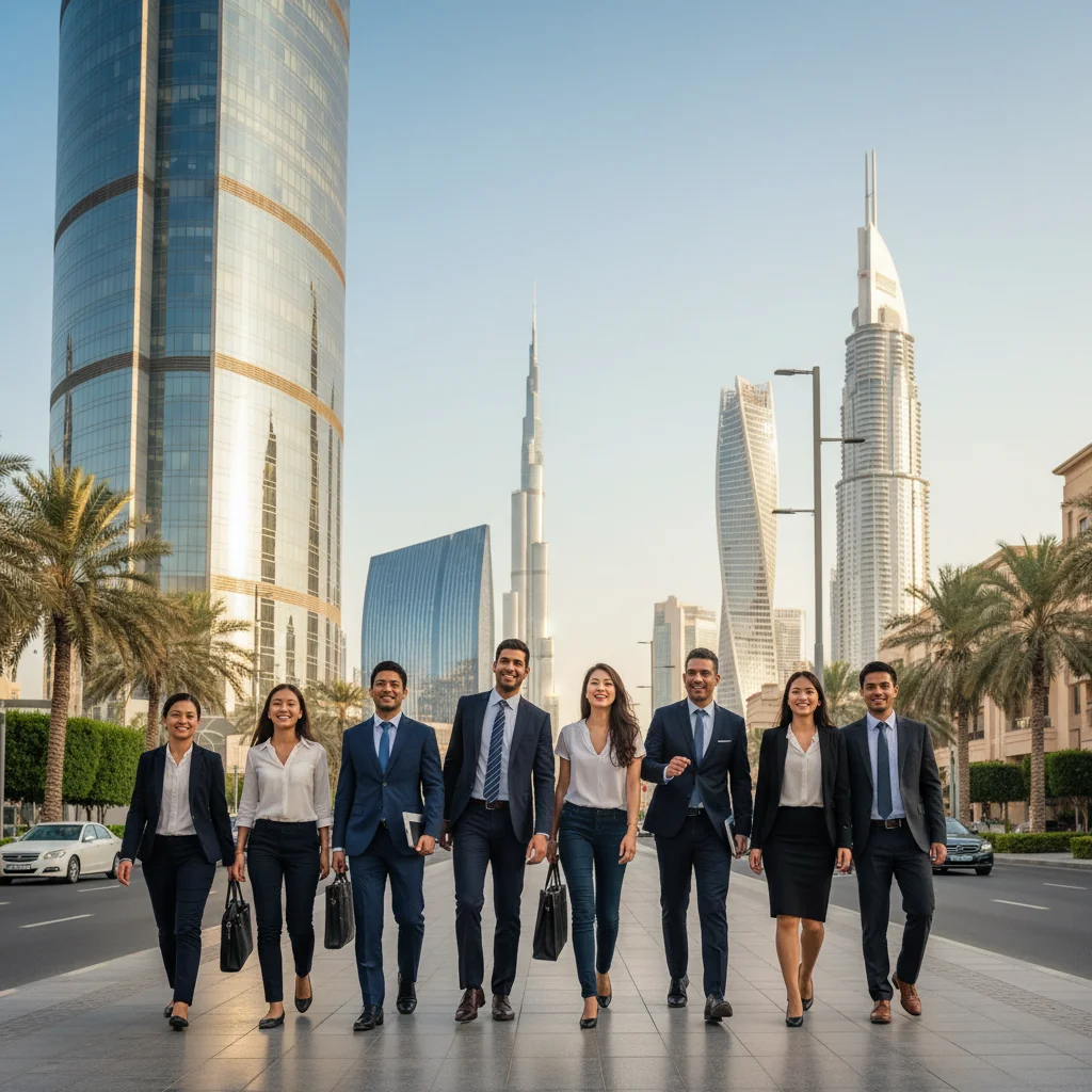 A photorealistic image capturing the essence of attracting top talent in the UAE, showing a diverse group of young professionals from various ethnic backgrounds, including Emiratis and expatriates, walking confidently towards a modern skyscraper in Dubai with the Burj Khalifa in the background under a clear blue sky, symbolizing opportunity and career growth in the UAE job market. No children are present. The scene is vibrant and professional, emphasizing aspiration and the allure of employment in the Emirates.