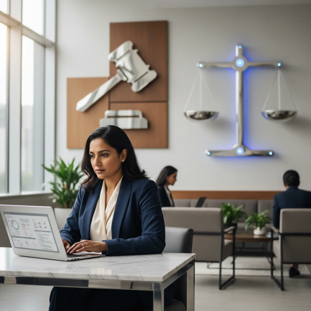 A photorealistic image of a professional HR manager in a modern office, reviewing compliance documents on a laptop, with subtle legal symbols like scales of justice in the background, emphasizing legal compliance in job descriptions.