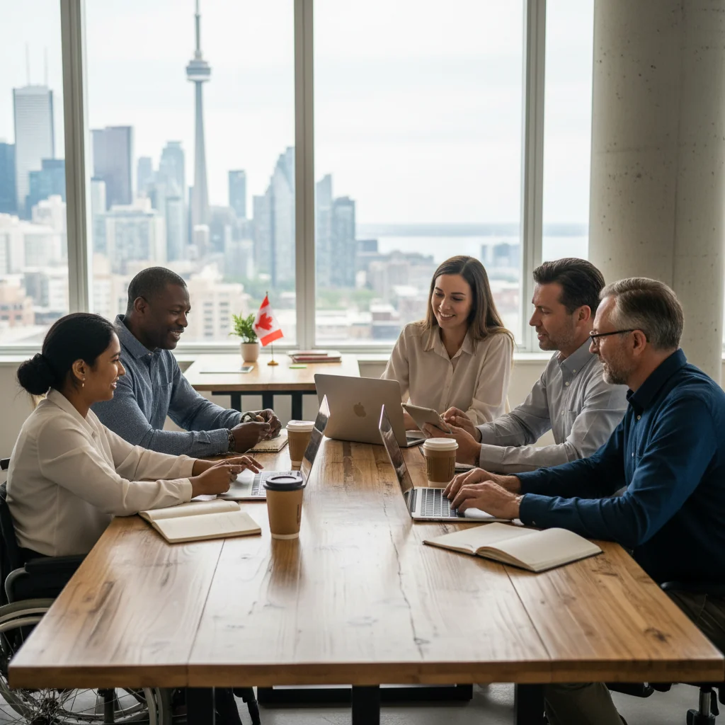A photorealistic image depicting a diverse group of professionals in a modern Canadian workplace, symbolizing inclusivity in hiring. The scene shows people from various ethnic backgrounds, genders, and abilities collaborating happily around a table, with subtle Canadian elements like a maple leaf in the background, emphasizing equal opportunities without focusing on any documents.