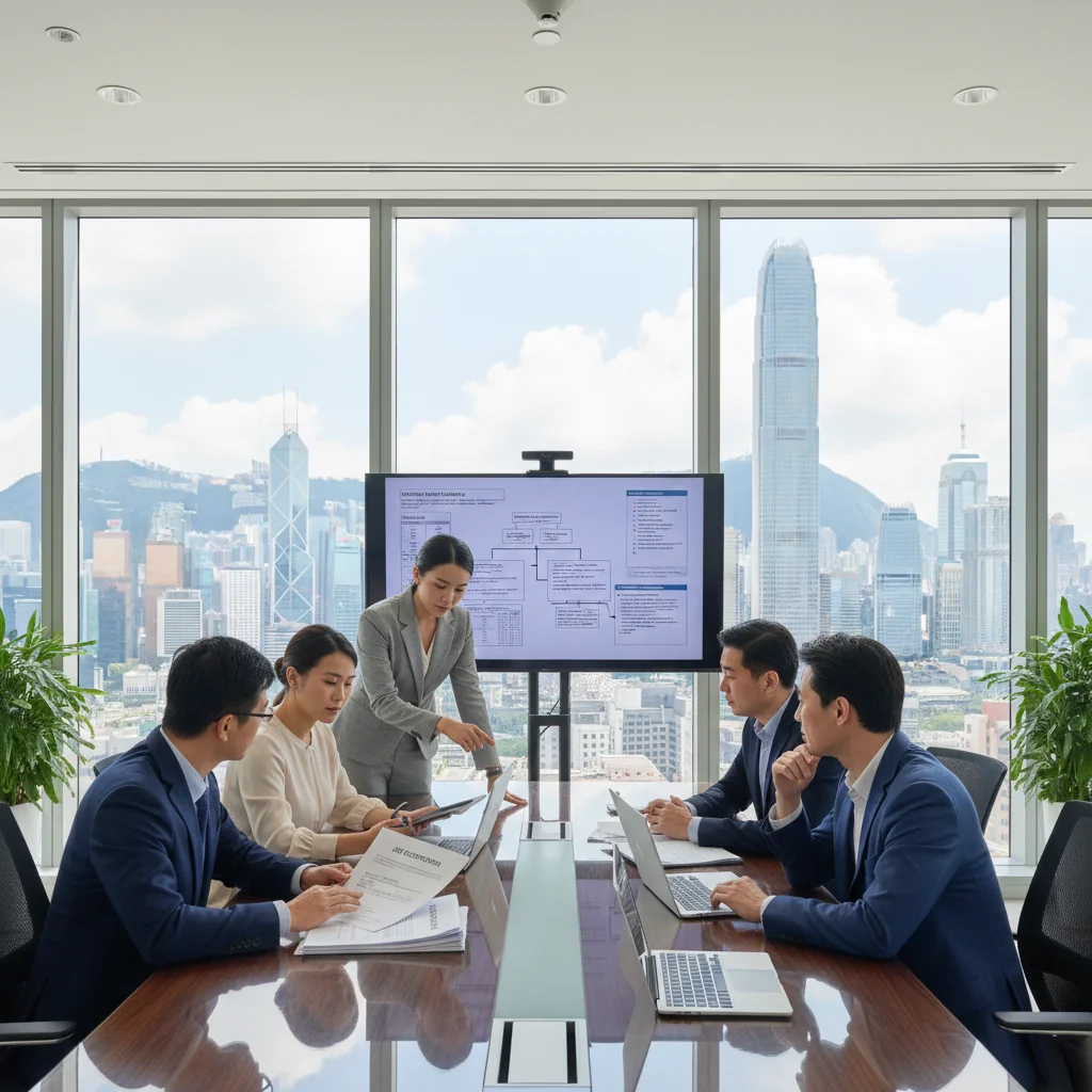 A photorealistic image of a diverse group of adult professionals in a modern Hong Kong office setting, reviewing job descriptions on laptops and documents together, symbolizing compliance with labor regulations, with elements like the Hong Kong skyline in the background through windows, conveying professionalism and legal adherence in employment.