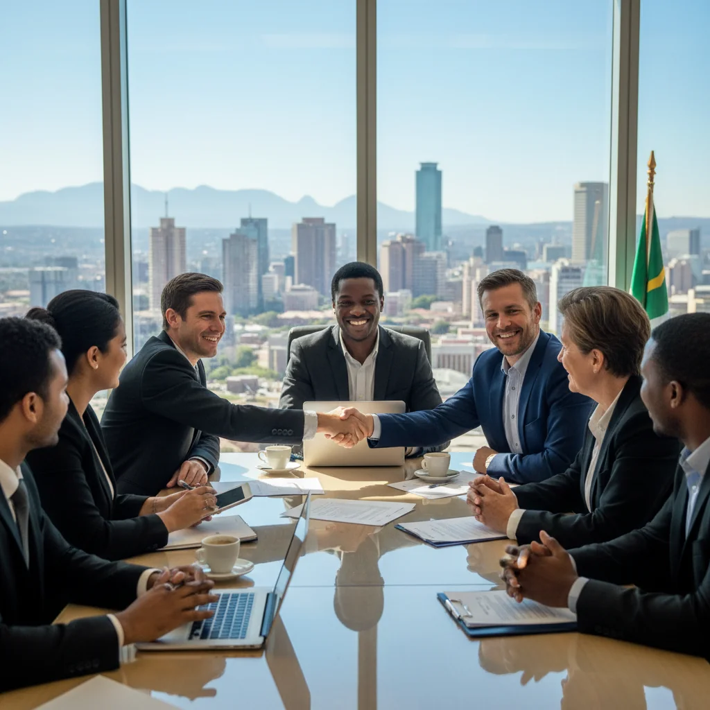A photorealistic image of a diverse group of adult professionals in a modern South African office setting, shaking hands over a desk with a subtle hint of legal documents in the background, symbolizing fair employment practices and job compliance, no children present.