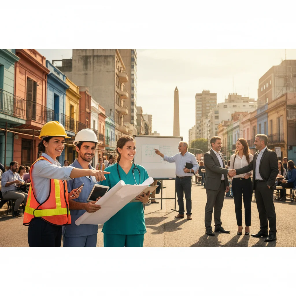 A photorealistic image depicting diverse adult professionals from various sectors in Argentina, such as a construction worker on a site, a healthcare nurse in a hospital, a teacher in a classroom, and an office worker in a meeting, all looking motivated and engaged in their jobs, symbolizing practical job role examples without showing any documents or children.