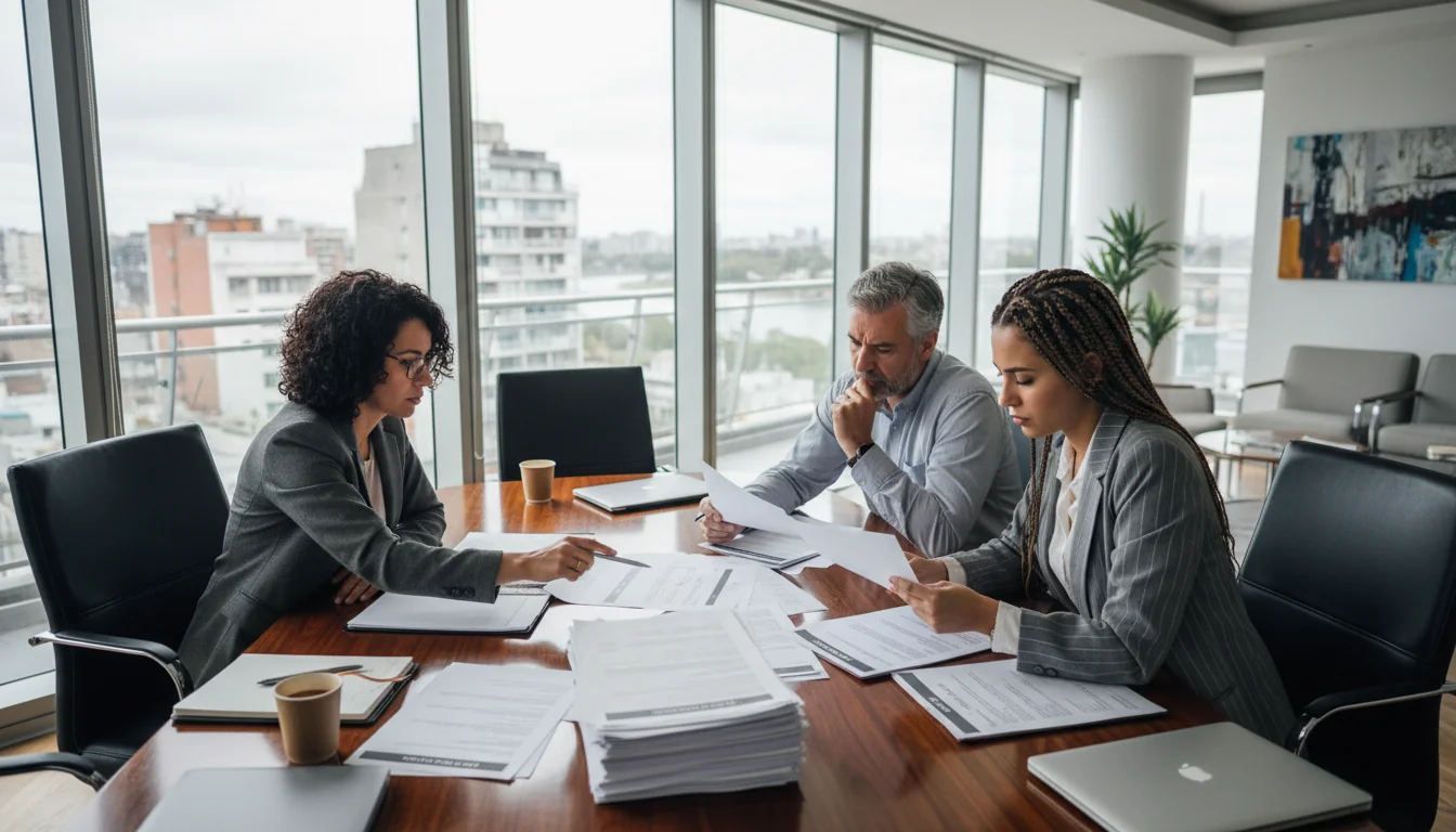 Argentine office workers reviewing job descriptions