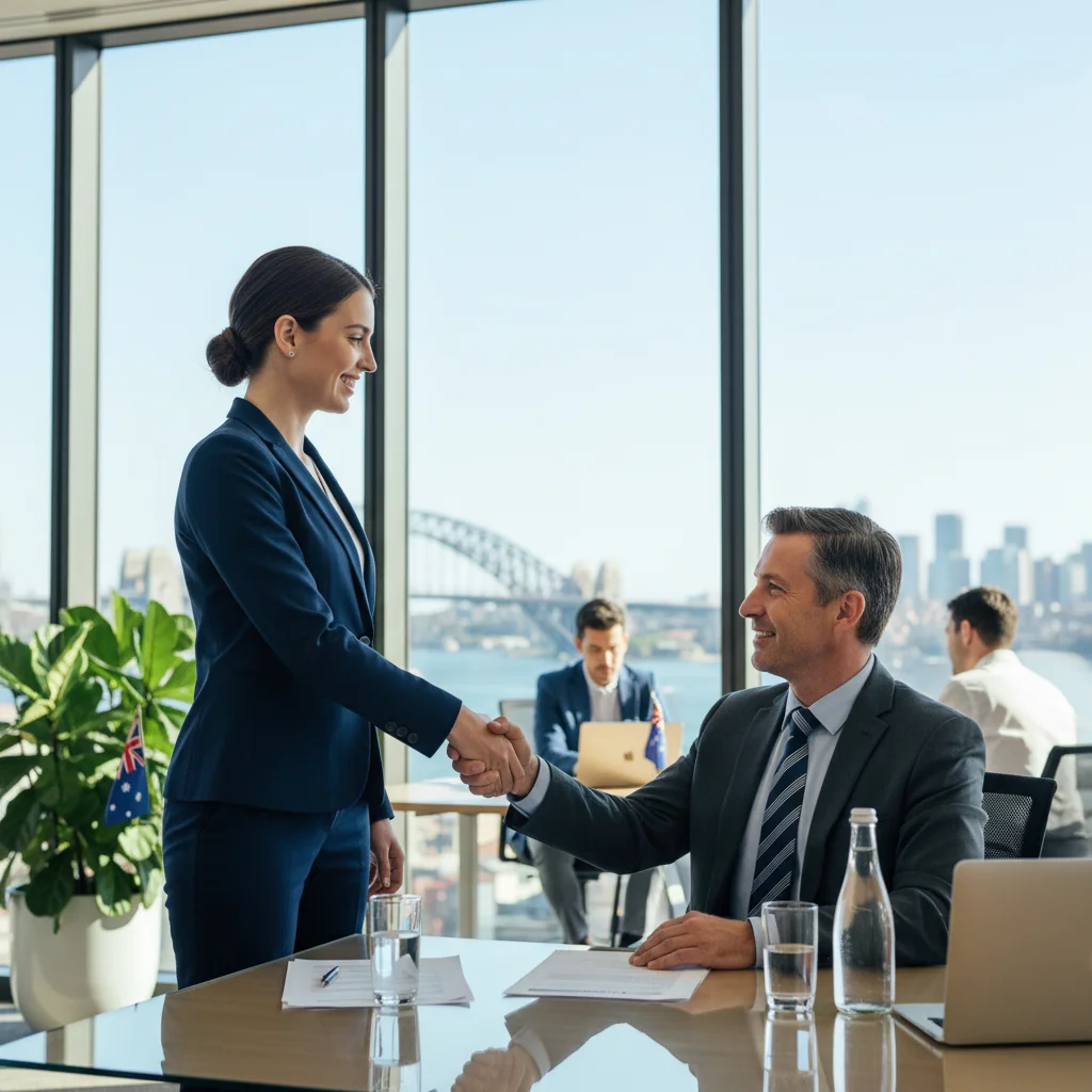 A photorealistic image of a diverse group of professional adults in a modern Australian office setting, engaged in a job interview or team meeting, symbolizing employment and legal job requirements, with no children present.