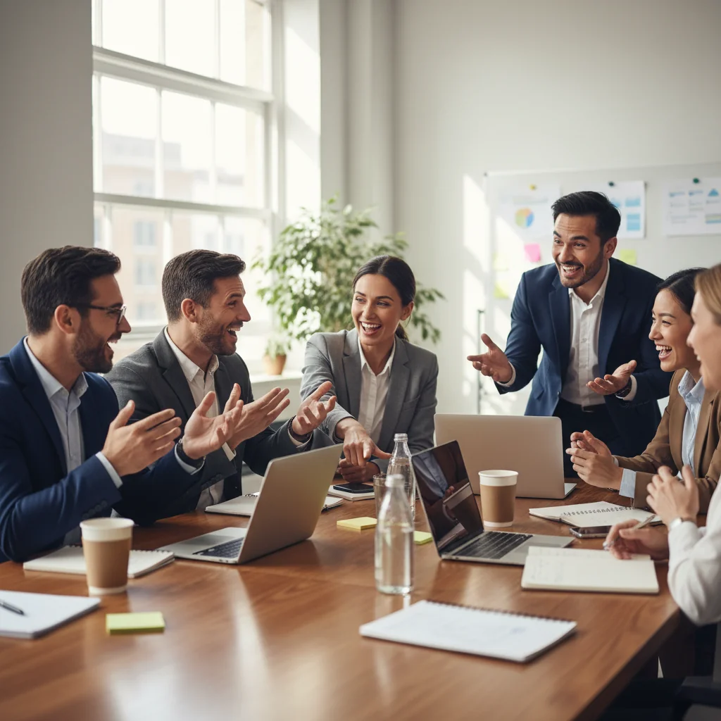 A photorealistic image depicting a diverse group of professional adults in a modern office environment, engaging in a collaborative discussion around a table, symbolizing the attraction and recruitment of talented individuals through effective job descriptions. The scene conveys energy, innovation, and teamwork among grown-up professionals, with no children present.