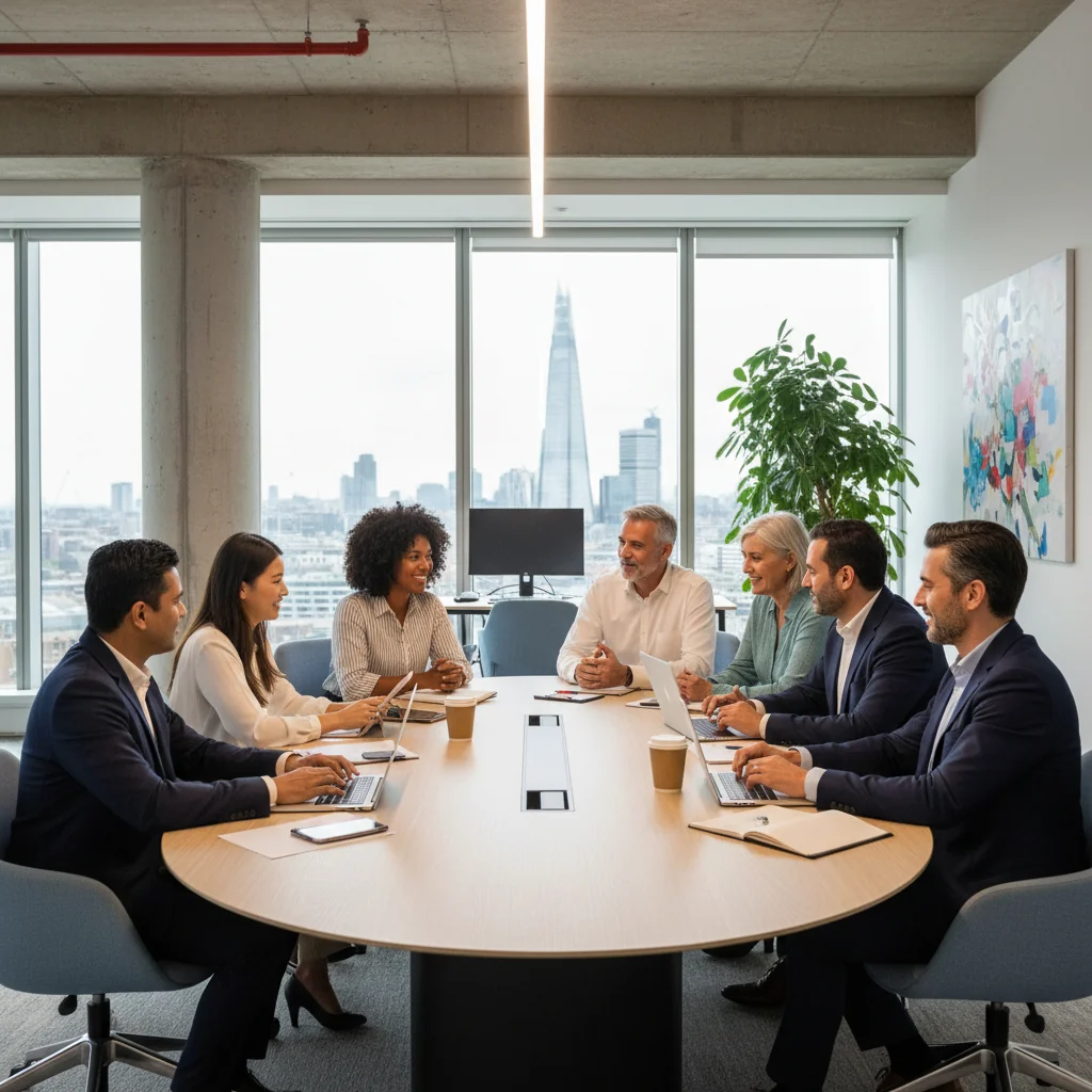 A photorealistic image representing inclusive employment in the UK, showing a diverse group of adults from various ethnic backgrounds, genders, and ages collaborating in a modern office setting, smiling and working together on a project, symbolizing equality and opportunity in job recruitment without focusing on any documents.