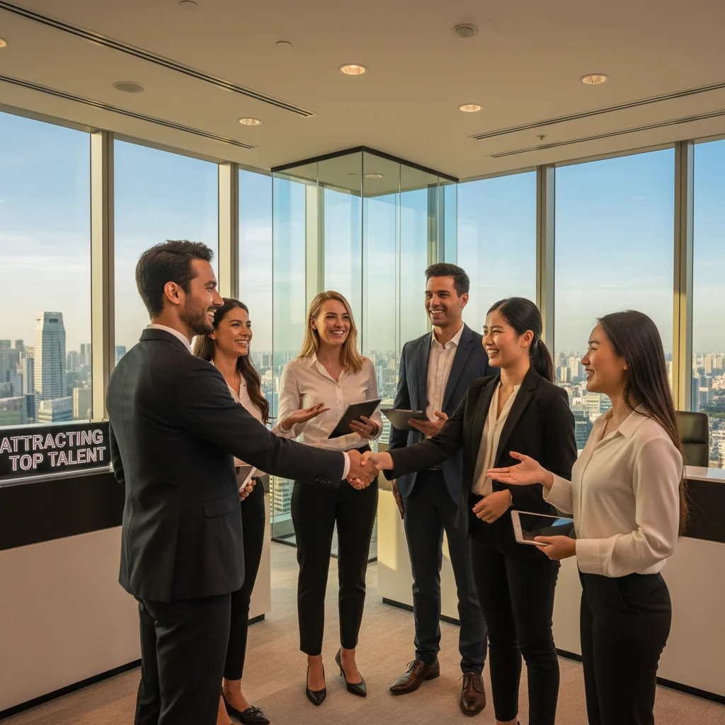 A photorealistic image of a diverse group of young professionals in a modern Singapore office, shaking hands with a smiling recruiter, symbolizing successful talent attraction and job opportunities in a vibrant urban setting.