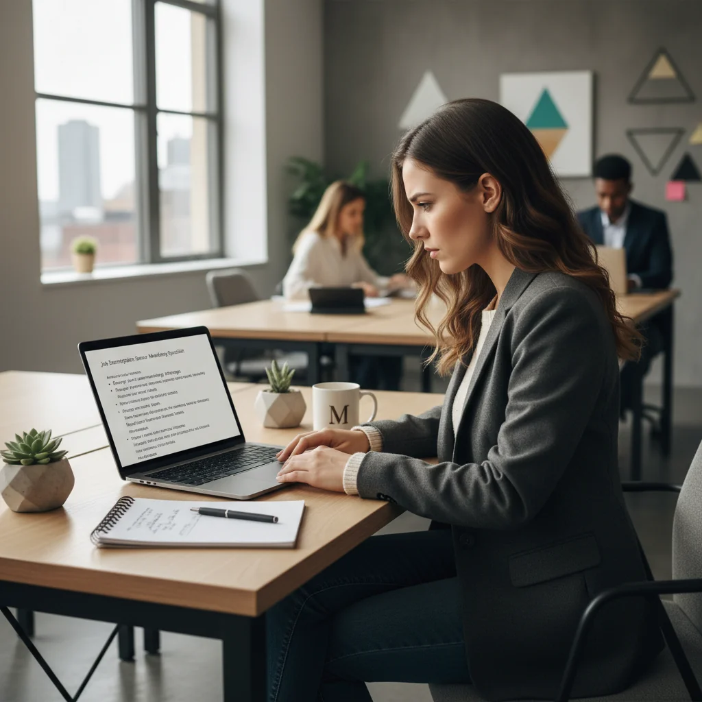 A photorealistic image of a professional adult employee in a modern office environment, reviewing workplace guidelines on a computer screen, symbolizing the purpose of a job description document in clarifying roles and responsibilities. The scene conveys clarity, professionalism, and career development, with no children present.