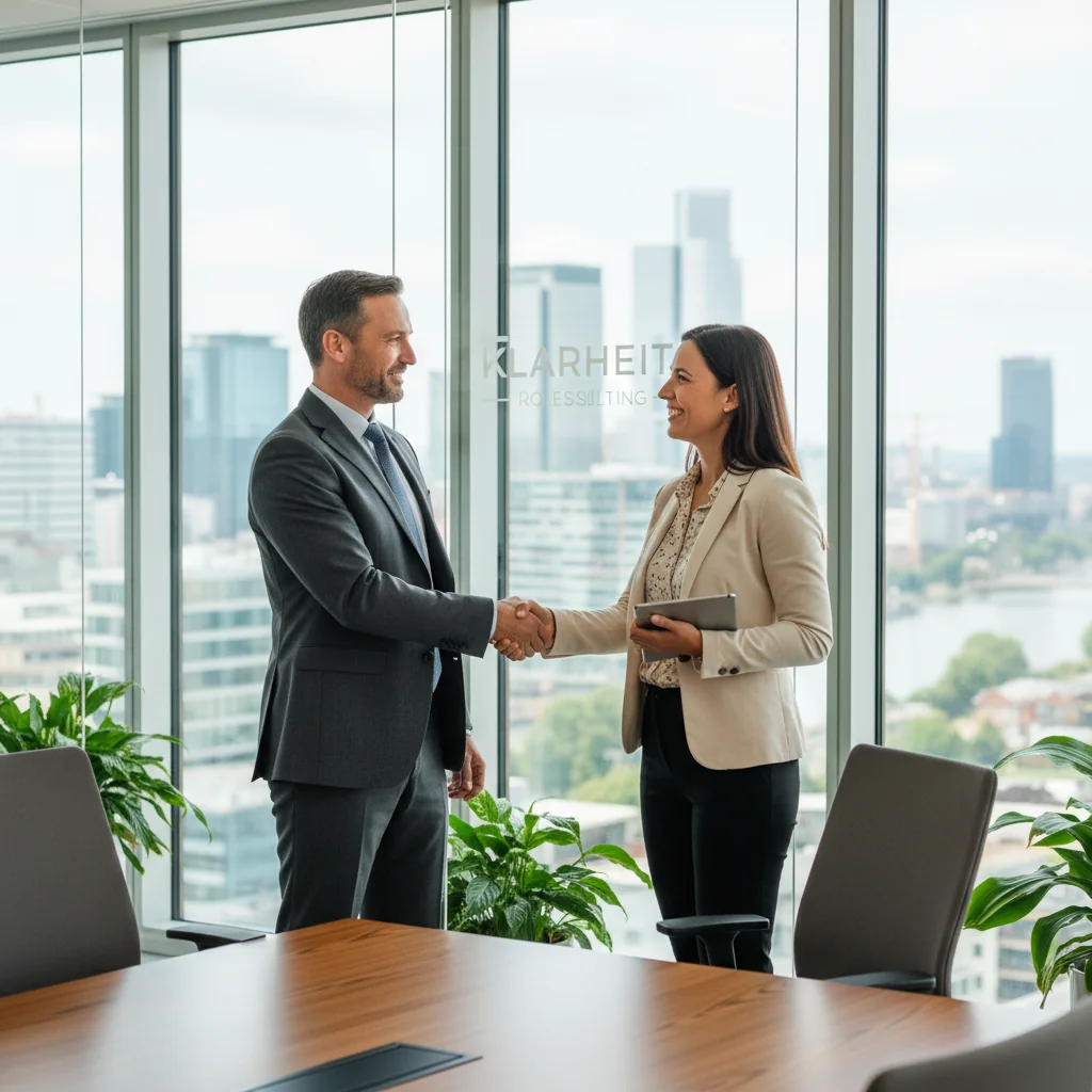 A photorealistic image depicting a professional handshake between an employer and a new employee in a modern German office setting, symbolizing the start of employment and the importance of job descriptions in German labor law. The scene should convey professionalism, agreement, and workplace integration, with no documents visible. Ensure no children are present in the image.