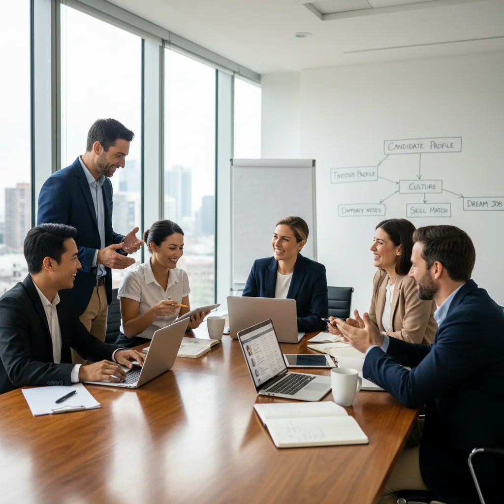 A photorealistic image of a diverse group of professionals in a modern office setting, engaged in a collaborative discussion around a table, symbolizing the hiring process and job opportunities, with no children present.