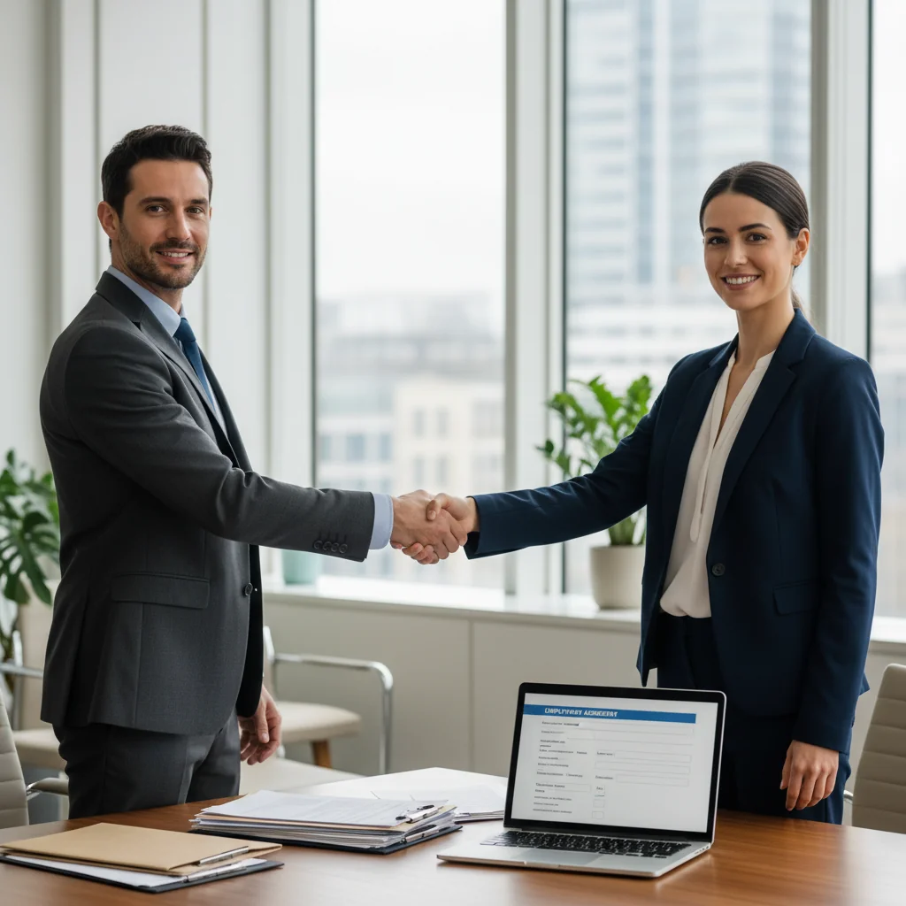 A photorealistic image of a diverse group of adult professionals in a modern UK office setting, shaking hands over a desk with subtle legal documents in the background, symbolizing fair employment practices and job compliance, no children present.