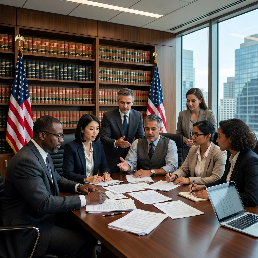 A photorealistic image depicting a professional legal team in a modern US law office, with adults reviewing job description documents together, symbolizing the key elements of legal employment in the United States. No children are present in the scene.