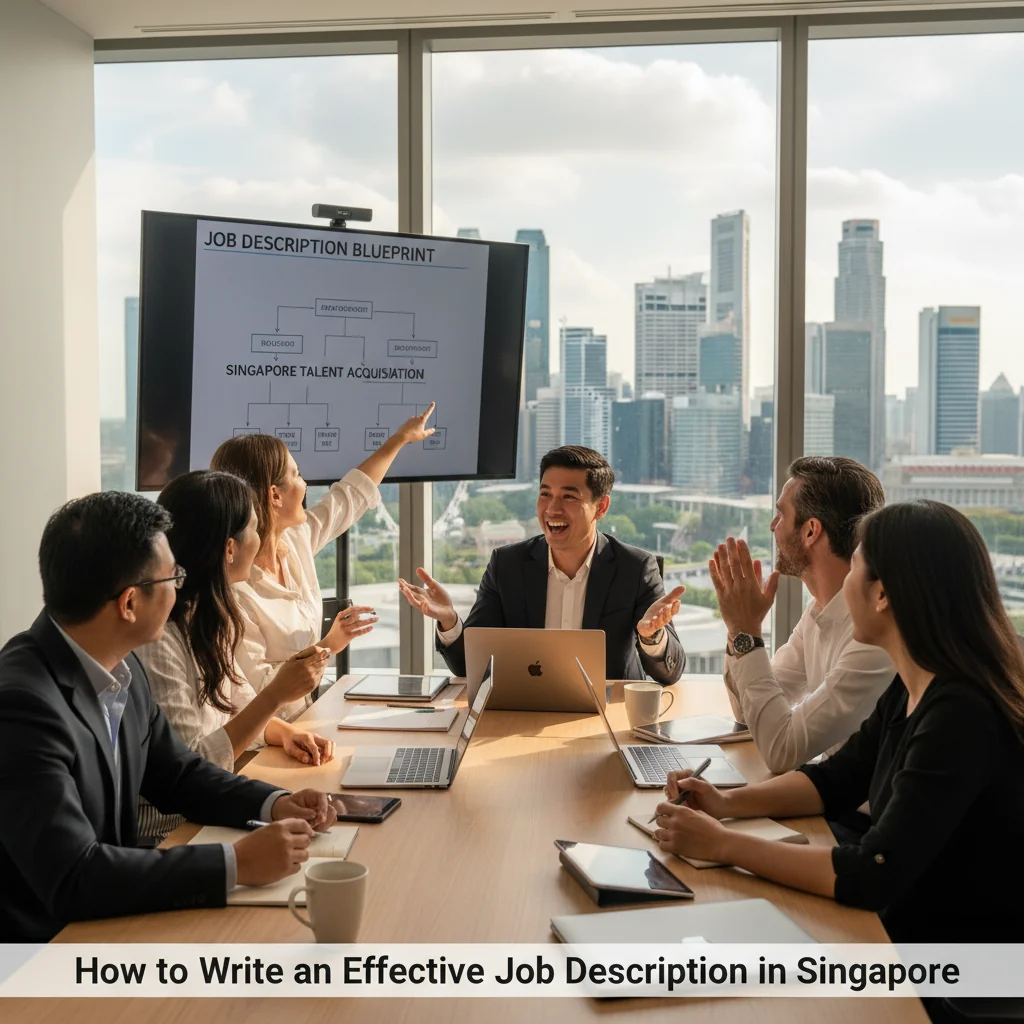 A photorealistic image depicting a professional diverse team in a modern Singapore office environment, engaged in a collaborative meeting around a conference table. The scene captures the excitement of new opportunities and career growth, with individuals of various ethnicities smiling and discussing ideas, overlooking the city skyline with elements like the Marina Bay Sands in the background to evoke the Singapore business landscape. No children are present. The image is strictly photorealistic, resembling a high-quality photograph, with no graphics, drawings, or illustrations.