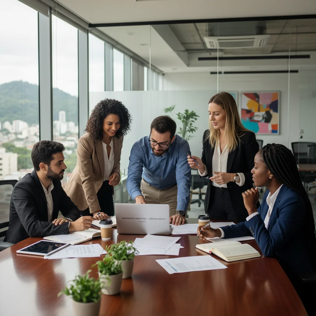 A photorealistic image depicting a professional Brazilian business scene where a diverse group of adults in modern office attire are collaboratively discussing and refining a job description document on a digital tablet during a team meeting in a bright, contemporary Brazilian workplace, symbolizing effective role elaboration for companies, with no children present.