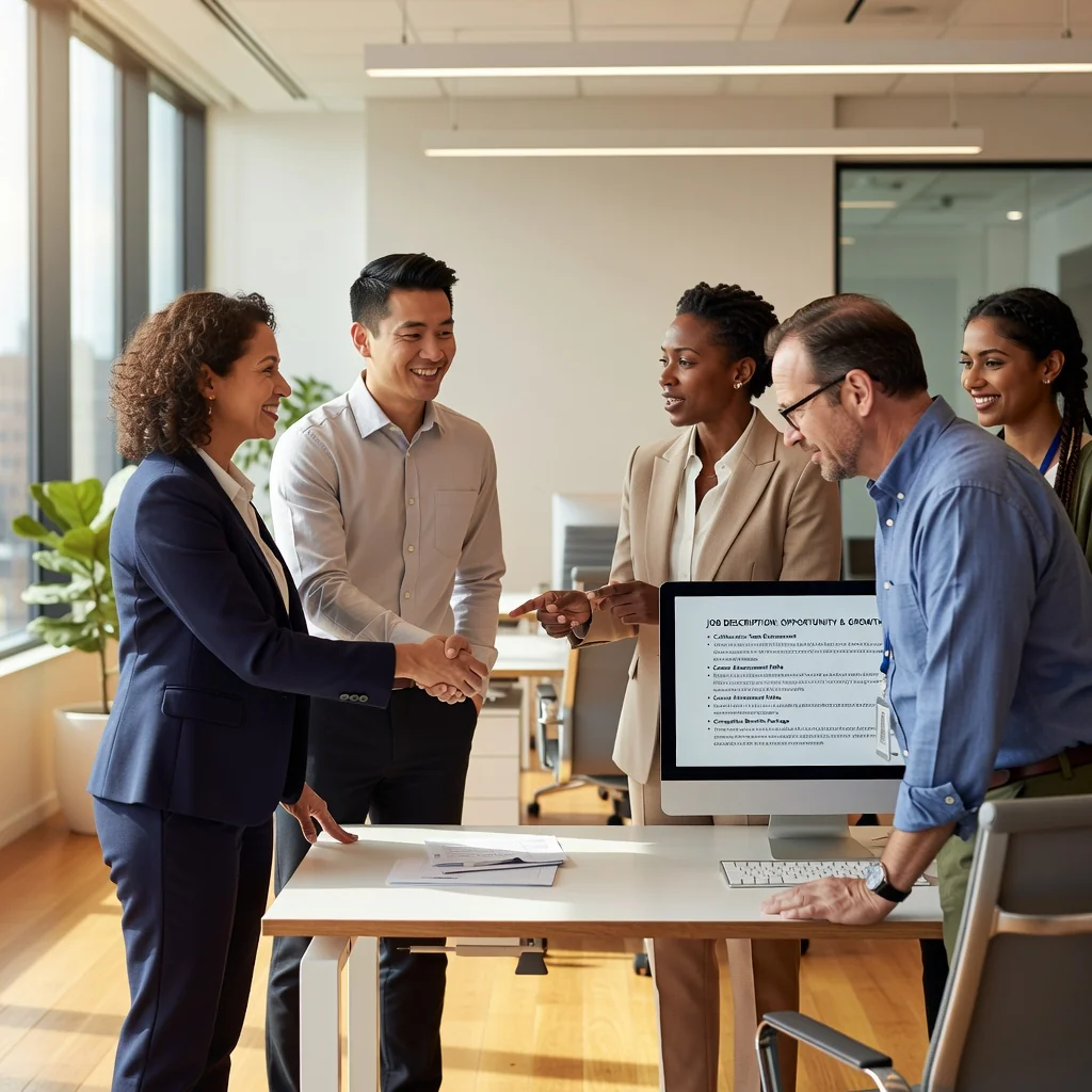 A photorealistic hero image for the article 'How to Write a Compelling Job Description in the US', depicting a diverse group of adults in a modern office setting, shaking hands over a desk with a laptop showing a job posting, symbolizing successful recruitment and employment opportunities. No children are present in the image.