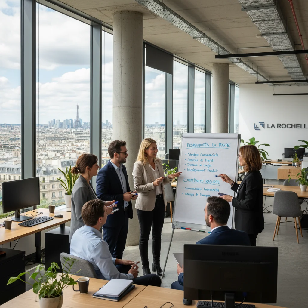 A photorealistic image of a diverse group of professionals in a modern French office setting, engaged in a collaborative discussion about job roles, symbolizing effective job position descriptions without focusing on documents.
