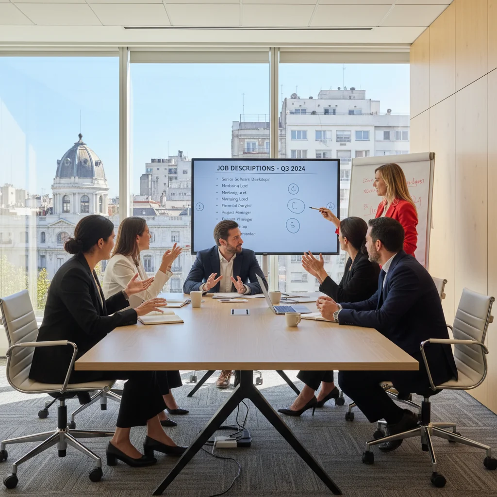 A photorealistic image of a diverse group of professional adults in a modern Argentine office setting, engaged in a collaborative meeting around a table, discussing job roles with enthusiasm and focus, symbolizing effective job position creation and team building in the workplace, no children present.