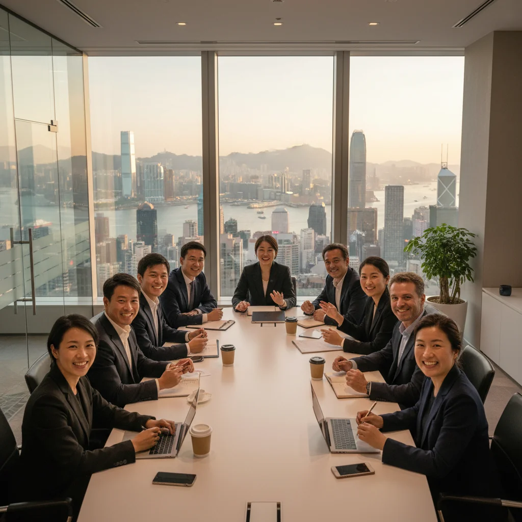 A photorealistic image of a diverse group of professional adults in a modern Hong Kong office setting, engaging in a collaborative discussion around a table with city skyline view, symbolizing the attraction of top talent through effective job descriptions. No children are present.