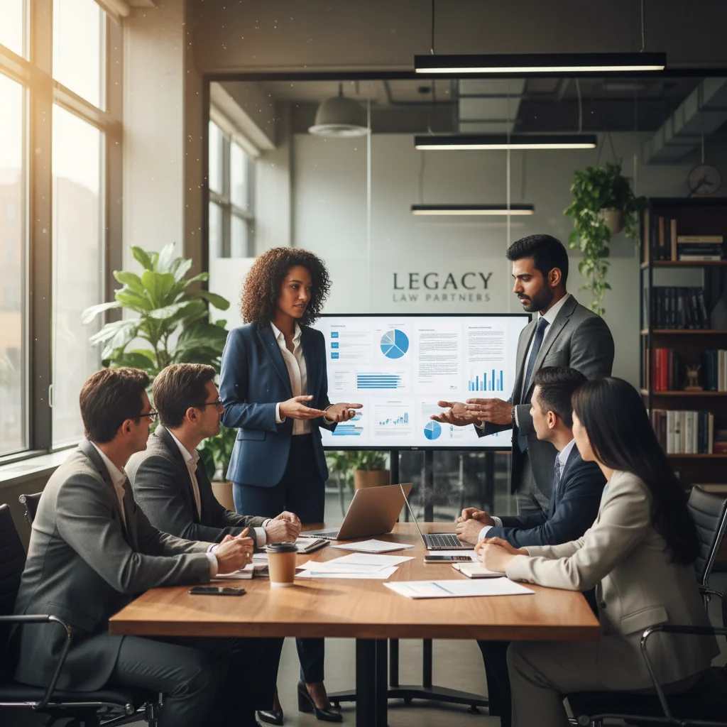 A photorealistic image of a diverse group of professional adults in a modern office setting, engaged in a collaborative discussion about job responsibilities, symbolizing the essential elements of a legal job description document. The scene captures the purpose of defining clear roles and legal compliance in employment without showing any documents.