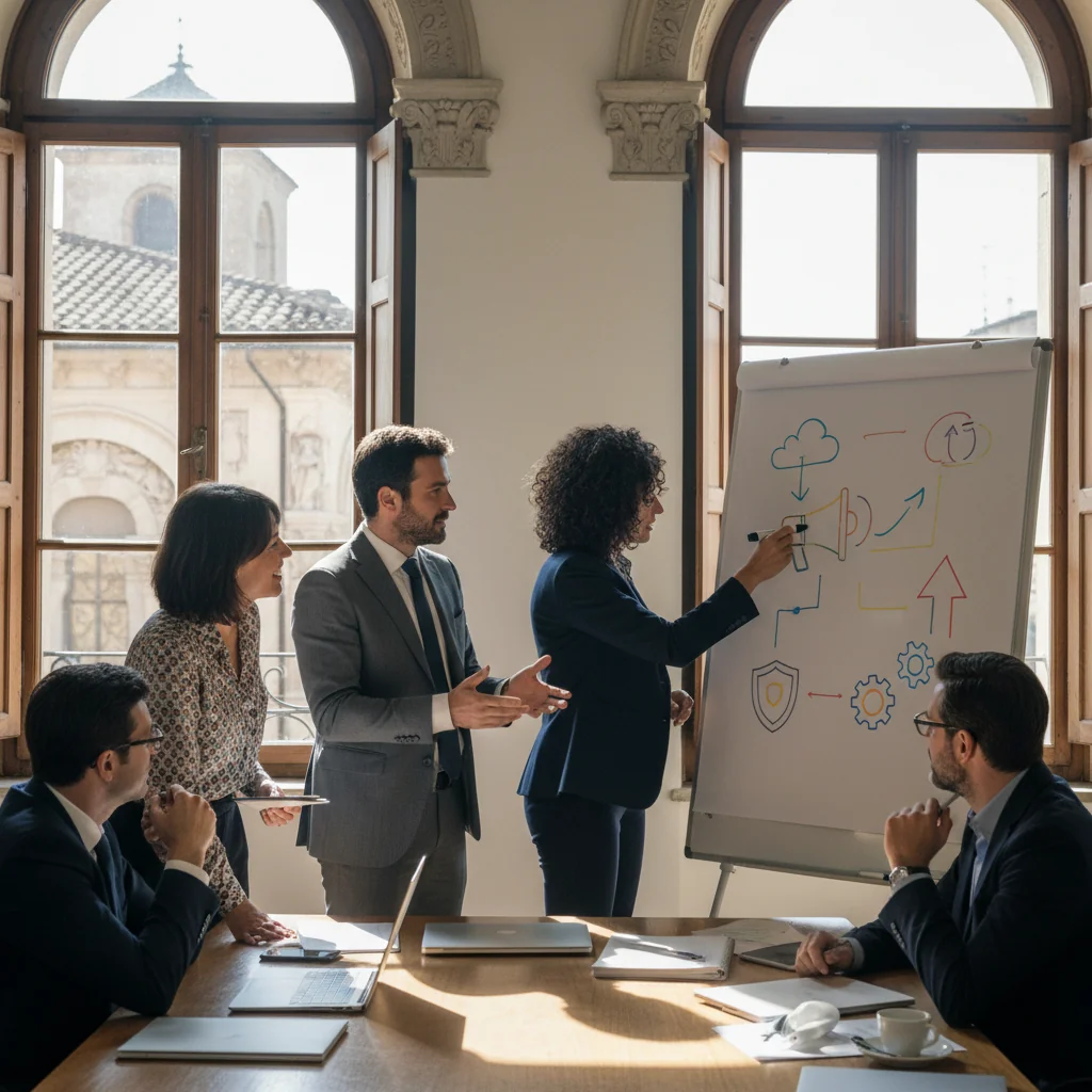 A photorealistic image of a diverse group of professional adults in a modern Italian office setting, engaged in a collaborative discussion about job roles, symbolizing the creation of effective job descriptions. The scene captures professionals reviewing notes and discussing around a table, evoking the purpose of drafting workplace descriptions without focusing on documents.