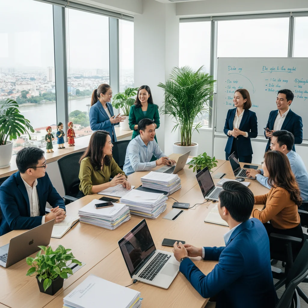 A photorealistic hero image depicting a diverse group of adult professionals in a modern Vietnamese office setting, engaged in collaborative work, symbolizing job roles and career opportunities in Vietnam. No children are present in the image.