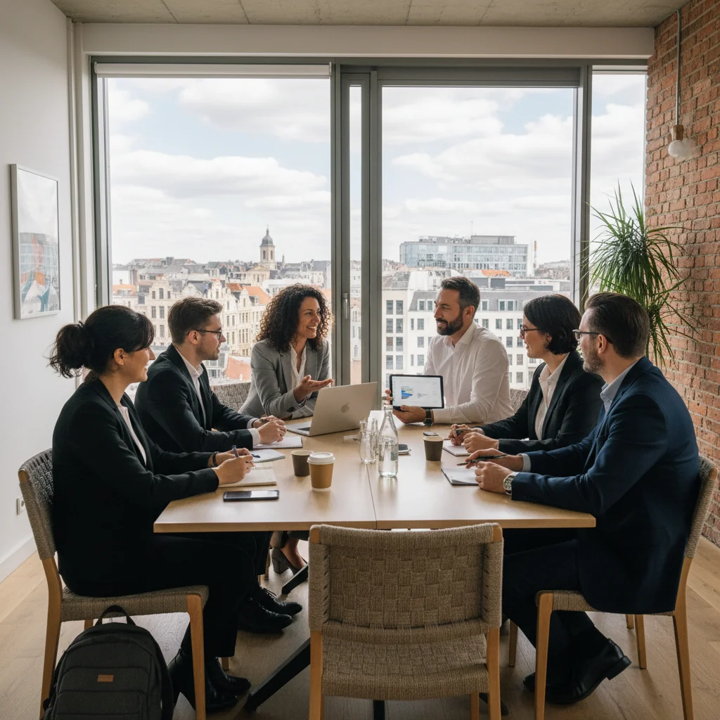 A photorealistic hero image representing the concept of writing an effective job posting in Belgium, showing a diverse group of professional adults in a modern Belgian office environment, engaged in collaborative hiring discussions, with subtle Belgian elements like a flag or architecture in the background, conveying recruitment and employment opportunities.