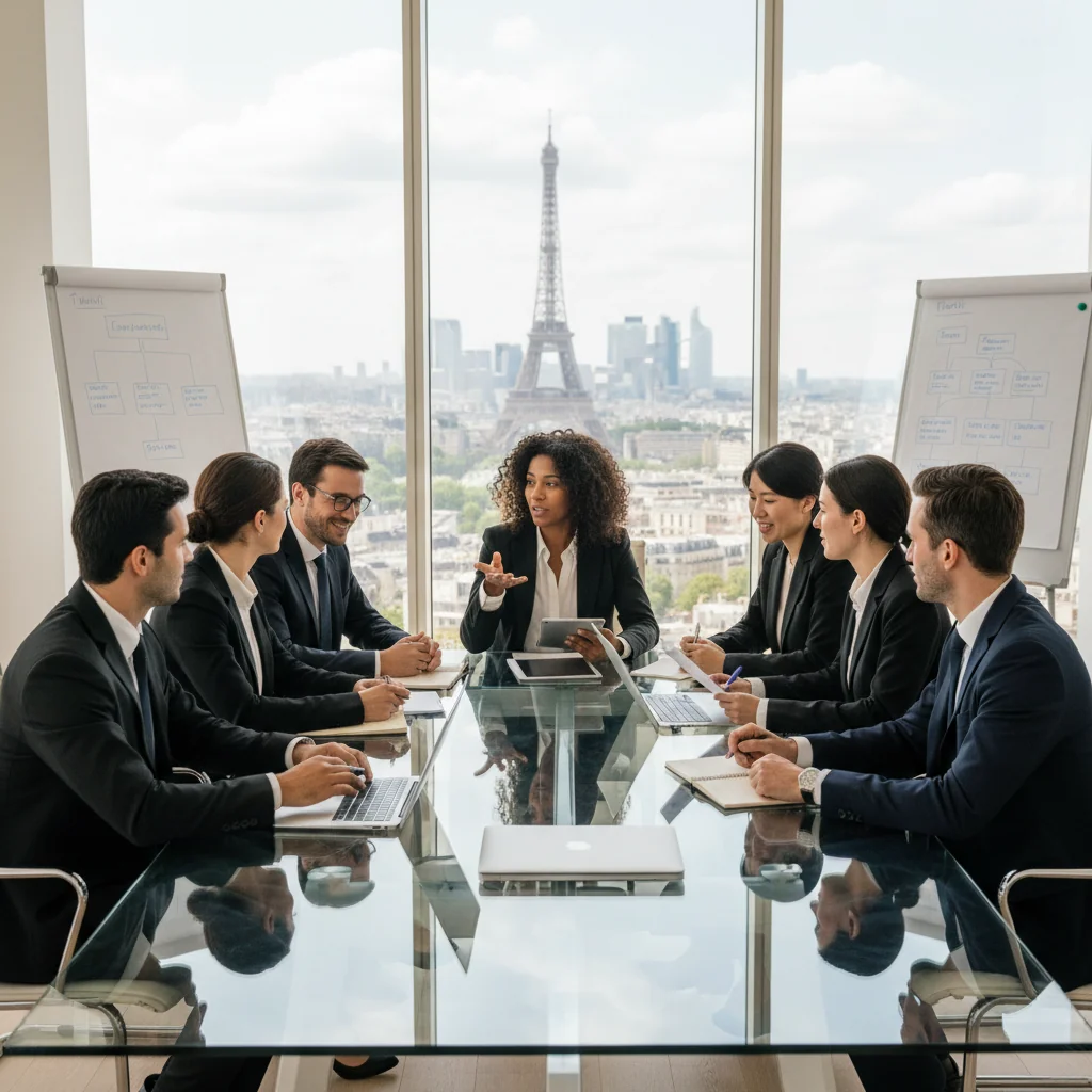 A photorealistic image of a professional business meeting in a modern French office, showing a diverse group of adults discussing recruitment strategies around a conference table, symbolizing corporate hiring processes in a French company.