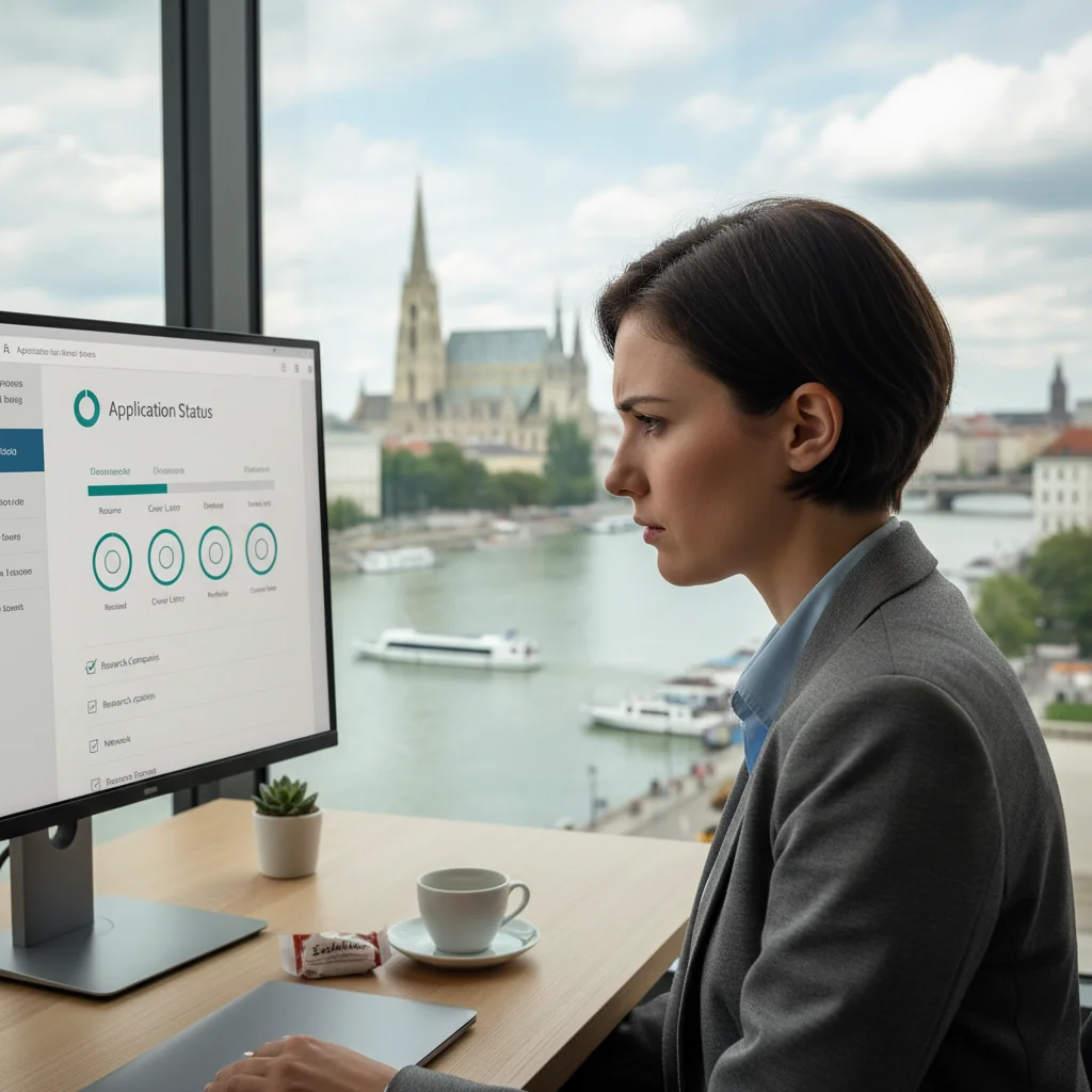 A photorealistic image of a professional adult in a modern Austrian office setting, reviewing job details on a laptop with Austrian landmarks visible in the background, symbolizing job opportunities in Austria. No children present.