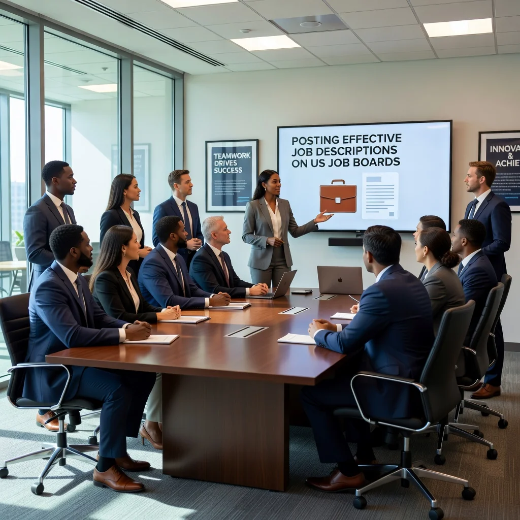 A photorealistic image depicting a diverse group of professionals in a modern office setting, engaged in a collaborative meeting where one person is presenting a job opportunity on a digital screen, symbolizing the effective posting of job descriptions to attract talent.