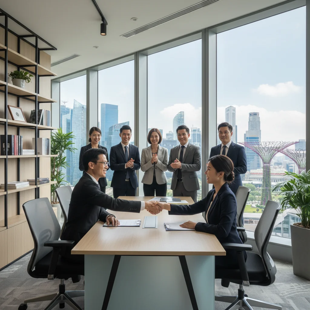 A photorealistic image of a diverse group of adults in a modern Singapore office environment, shaking hands during a job interview, symbolizing employment opportunities and legal hiring processes, with subtle Singaporean elements like city skyline in the background.