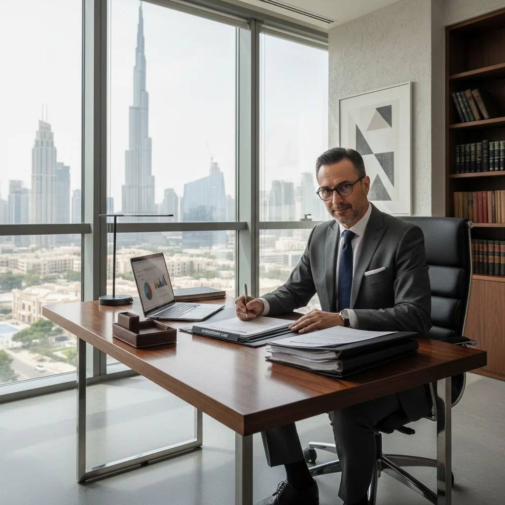 A photorealistic image of a professional lawyer in a modern office in the UAE, reviewing legal documents related to employment contracts, symbolizing best practices for drafting job descriptions in the Emirates. The scene captures the essence of legal expertise in the workplace without focusing on the document itself.